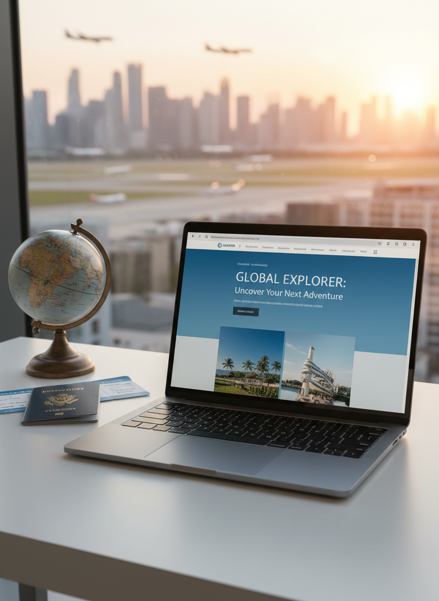 A sleek silver laptop displaying a clean, modern travel blog interface on its screen, positioned on a minimalist white desk beside a small globe, a closed navy-blue passport, and a neatly stacked bundle of boarding passes. Behind the desk, a large window reveals a softly blurred city skyline with distant airplanes descending toward an airport. Golden hour sunlight streams in, creating warm reflections on the laptop’s metallic surface and subtle highlights on the passport cover. Captured from a slightly elevated angle with photographic realism and crisp focus on the workspace, the composition follows the rule of thirds. The atmosphere is professional, organized, and inspiring, suggesting reliable travel tips being carefully researched and written.