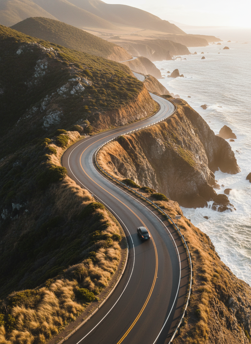 A winding coastal highway hugging the edge of dramatic cliffs, with a single small car rendered as an indistinct shape in the distance to avoid visible occupants. The asphalt surface is smooth and slightly reflective, bordered by a sturdy metal guardrail and tufts of wind-swept grass. Far below, waves crash against rocky outcrops, sending up faint mist. Late afternoon sunlight bathes the scene in a warm, golden hue, casting long shadows along the bends in the road. Captured in photographic realism from a high, slightly diagonal aerial perspective, the composition emphasizes the road’s sinuous curves fading into the horizon. The mood is adventurous yet composed, ideal for a professional travel blog about scenic drives and road safety.