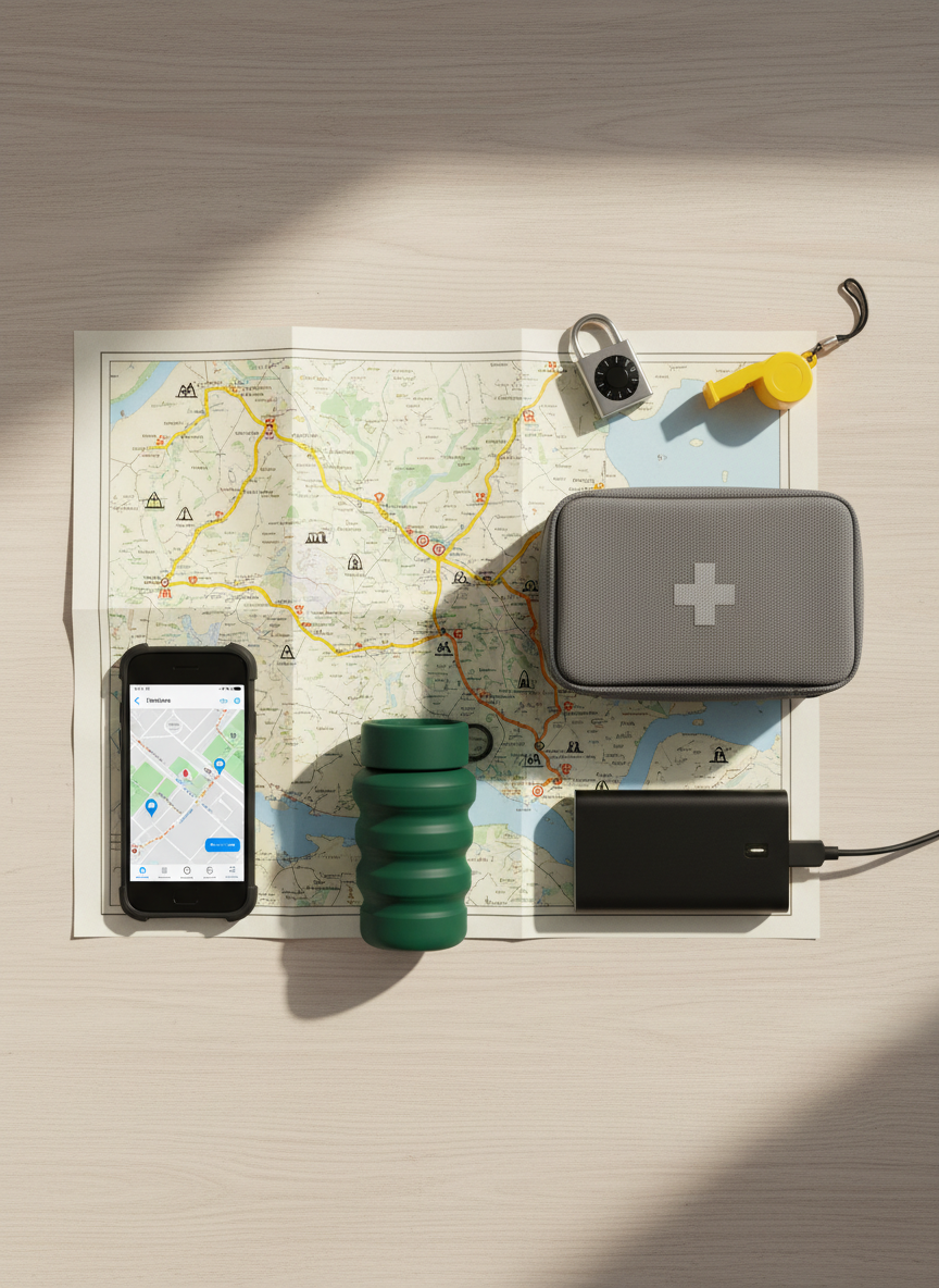 An overhead view of a neatly arranged travel safety flat lay on a light wooden surface: a detailed paper map centered with highlighter-marked routes, a compact grey first-aid kit with a discrete cross symbol, a slim power bank, a rugged smartphone with an offline maps screen, a foldable water bottle, a small combination lock, and a bright yellow safety whistle. Soft diffused daylight from the left side creates gentle shadows and emphasizes object contours without harsh contrast. The photographic realism showcases clean, sharp details and subtle color contrasts. Composed with thoughtful spacing and balanced symmetry, the scene feels methodical, organized, and reassuring, perfectly supporting professional advice about safe, well-prepared travel.
